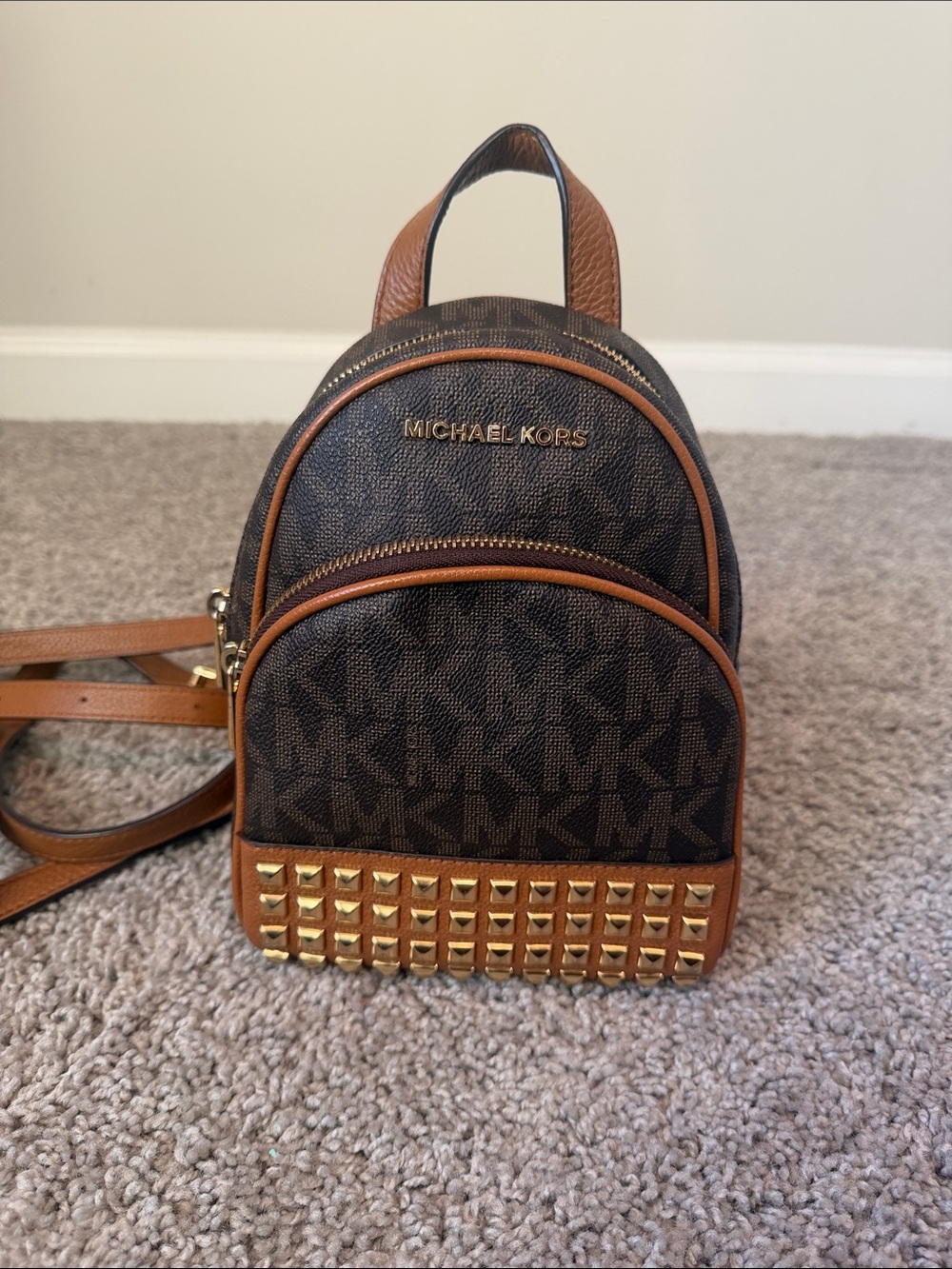 Michael Kors Brown and Cognac Logo Mini Backpack with Gold Stud Accents